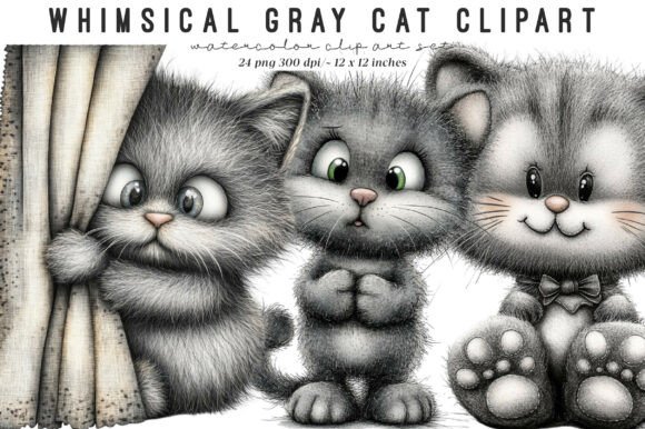 Gray Cat Clipart Bundle: 24 Whimsical Designs for Creative Projects