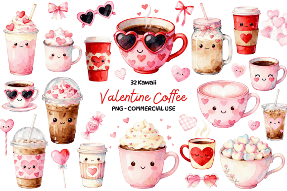 Kawaii Coffee Clipart: The Sweetest Valentine's Design Asset