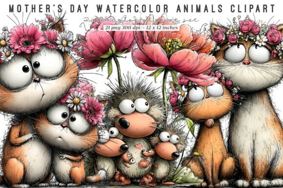Mothers Day Watercolor Animals Clipart