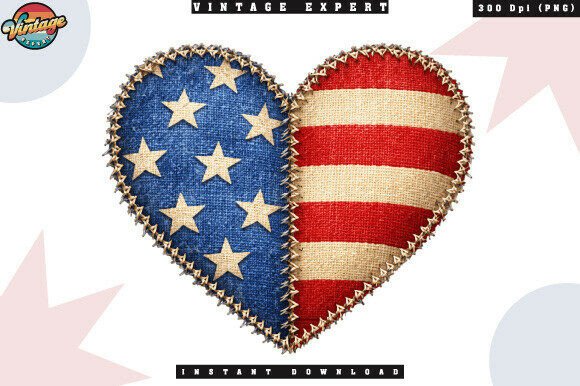 Patriotic Heart Crochet Yarn Faux PNG: Rustic Americana Design