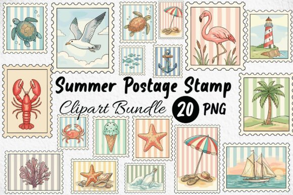 Summer Postage Stamp Clipart: Vintage Coastal Design Assets