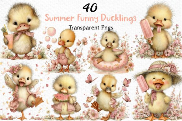 Sunny Ducklings Clipart: 40 PNGs for Summer Designs