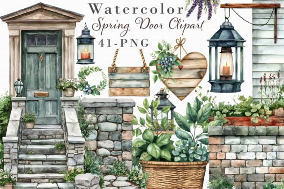 Unlock Spring Charm with Watercolor Spring Door Clipart