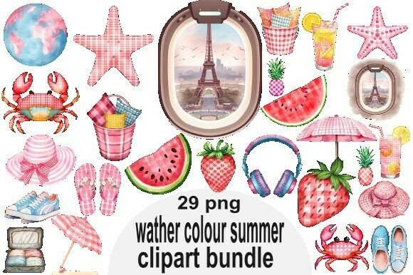 Watercolor Summer Pink Clipart Bundle | Aesthetic Design Assets